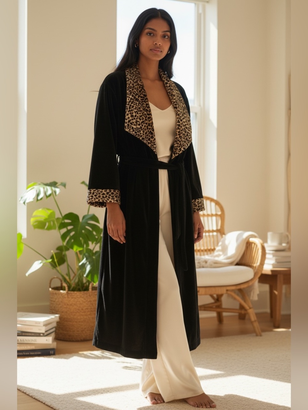 Vintage Cinema Etoile Black Velvet Robe with Leopard Print Trim
